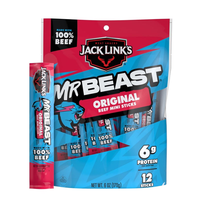 Jack Link's Jack Link’s x MrBeast Original Mini Beef Sticks - 6g Protein per 2 Individually Wrapped Meat Snacks, Made with 100% Real Beef, Pantry-Ready, Kids Snacks, Great Stocking Stuffers, 12 Count 0.5oz Sticks - Image 1